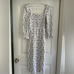 House of Harlow 1960 Linen Floral Smocked Midi Dress